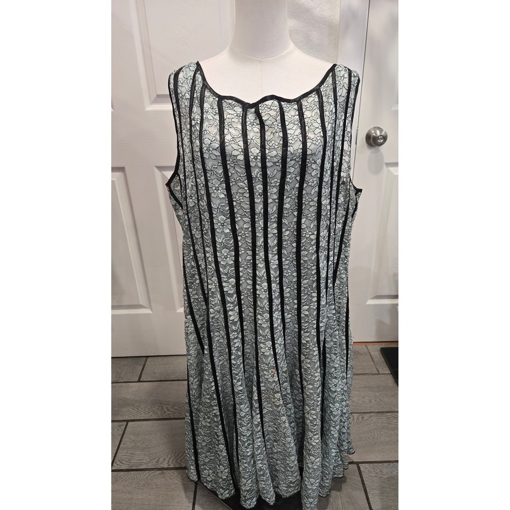 SLNY Mint Green Floral Lace Sleeveless Midi Dress Black Ribbon Stripes Size 24W